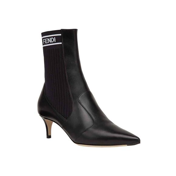 Fendi Rockoko Black Scuba Stretch FF Logo Knit Sock Ankle Kitten Heel Bootie 35 - Picture 2 of 11